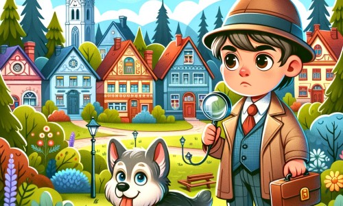 Une illustration pour enfants représentant un petit garçon curieux et intelligent se lançant dans une enquête captivante pour résoudre la mystérieuse disparition d'un chien, dans un paisible village entouré d'une forêt mystique.