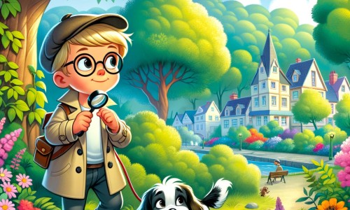 Une illustration pour enfants représentant un petit garçon curieux et malin, résolvant un mystère captivant dans une petite ville tranquille appelée Champville.