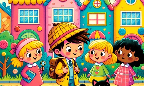 Une illustration destinée aux enfants représentant une petite fille curieuse, accompagnée de ses amis, enquêtant sur la mystérieuse disparition de son chat bien-aimé, dans un quartier coloré et animé avec des maisons aux toits en forme de cupcakes et des arbres en bonbons.