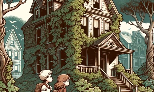 Une illustration destinée aux enfants représentant un petit garçon curieux, accompagné de son amie, explorant une maison abandonnée recouverte de lierre, avec des fenêtres cassées et des volets en bois qui grincent, dans un quartier calme aux rues bordées d'arbres majestueux.