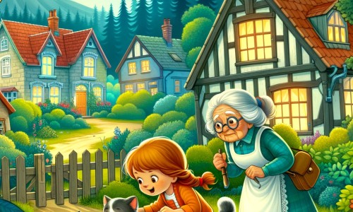 Une illustration pour enfants représentant une petite fille curieuse et débrouillarde, se retrouvant au cœur d'une enquête captivante, dans un paisible village entouré de nature.