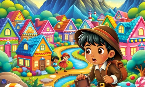 Une illustration pour enfants représentant un petit garçon curieux et espiègle, cherchant désespérément son jouet préféré qui a disparu pendant la nuit, dans la petite ville de Pouponville.