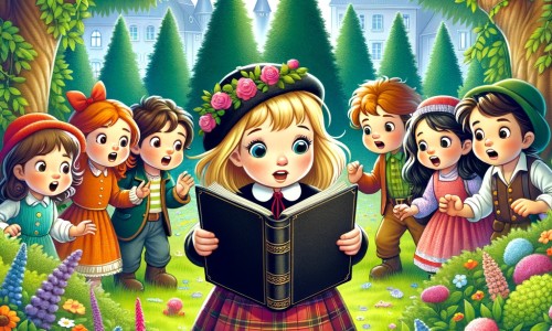 Une illustration destinée aux enfants représentant une petite fille curieuse, entourée de ses amis, découvrant un mystérieux carnet noir dans un parc verdoyant rempli de fleurs colorées et d'arbres majestueux.