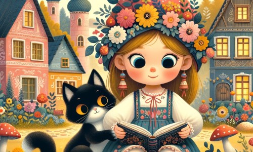 Une illustration destinée aux enfants représentant une petite fille intrépide, plongée dans une enquête captivante, accompagnée d'un chat noir mystérieux, dans un village coloré rempli de maisons aux toits en forme de champignons et de jardins fleuris.