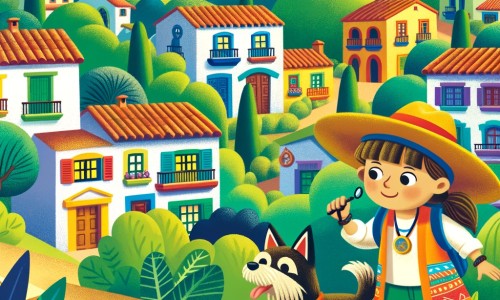 Une illustration pour enfants représentant une petite fille intrépide, plongée dans une mystérieuse disparition de son chien adoré, dans un village verdoyant.