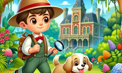 Une illustration pour enfants représentant un petit garçon curieux et aventurier, se retrouvant dans une situation mystérieuse et cherchant des indices dans un parc enchanté.