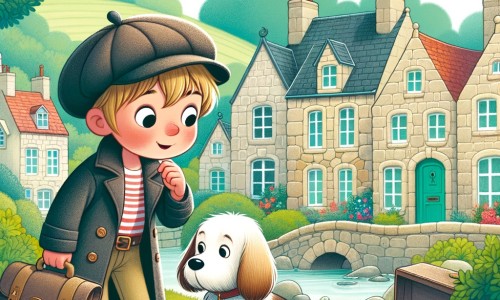 Une illustration pour enfants représentant un petit garçon curieux et astucieux, résolvant un mystère captivant dans une petite ville pleine de charme.