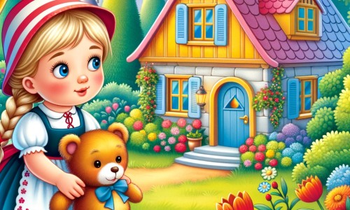 Une illustration destinée aux enfants représentant une petite fille curieuse, accompagnée d'un ami, enquêtant sur la mystérieuse disparition de son doudou adoré, dans une maison colorée et chaleureuse, entourée d'un jardin fleuri.