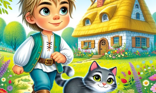 Une illustration pour enfants représentant un petit garçon curieux et plein d'énergie, plongé dans une mystérieuse enquête pour retrouver son doudou disparu, dans sa petite maisonnette au milieu d'une jolie prairie.