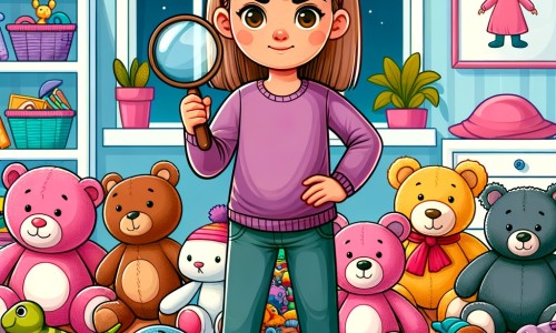 Une illustration pour enfants représentant une petite fille curieuse, une enquête mystérieuse et une chambre pleine de jouets.