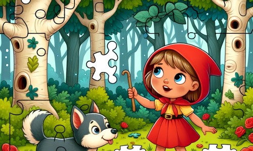Une illustration destinée aux enfants représentant une petite fille curieuse, accompagnée de son fidèle chien, résolvant des énigmes dans une forêt enchantée où les arbres semblent murmurer des secrets.