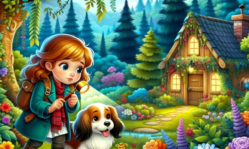 Une illustration pour enfants représentant une petite fille intrépide, se retrouvant dans une enquête captivante, dans un parc mystérieux et une cabane abandonnée.