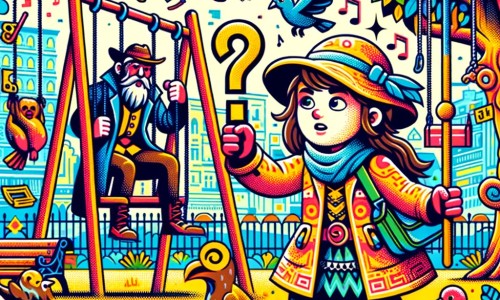 Une illustration destinée aux enfants représentant une petite fille intrépide, en train de résoudre un mystère avec l'aide d'un artiste de rue, dans un parc coloré rempli d'oiseaux chantants, de balançoires joyeuses et de graffitis mystérieux.