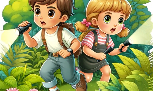 Une illustration destinée aux enfants représentant un petit garçon intrépide, accompagné d'une petite fille, enquêtant avec détermination dans un parc verdoyant et ensoleillé pour retrouver leurs animaux disparus.