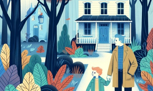 Une illustration destinée aux enfants représentant un petit garçon curieux et courageux, accompagné de son père, enquêtant dans une maison abandonnée à l'aspect effrayant située au bout d'une rue bordée d'arbres aux feuilles multicolores.