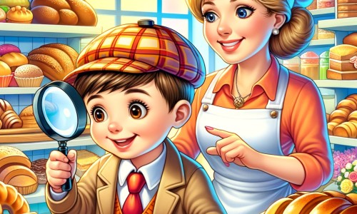 Une illustration destinée aux enfants représentant un petit garçon curieux, menant une enquête passionnante avec l'aide d'une boulangère sympathique, dans une boulangerie colorée remplie de délicieux pains et pâtisseries.