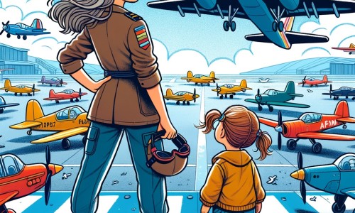 Une illustration destinée aux enfants représentant une femme pilote d'avion intrépide, accompagnée d'une petite fille curieuse, découvrant les merveilles des avions dans un aéroport animé, entouré d'avions multicolores prêts à s'envoler vers le ciel bleu.
