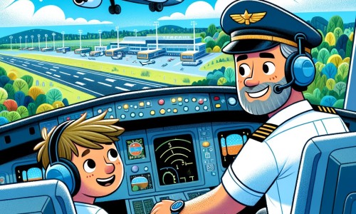 Une illustration pour enfants représentant un pilote d'avion passionné qui doit faire face à une panne inattendue dans le cockpit de son avion, en plein vol au-dessus de l'océan.
