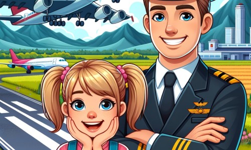 Une illustration destinée aux enfants représentant une jeune femme passionnée par les avions, accompagnée d'un capitaine souriant, se trouvant dans un aéroport animé avec de grands avions colorés décollant et atterrissant sur une piste entourée de champs verts et de montagnes majestueuses.