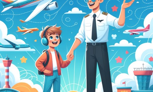 Une illustration destinée aux enfants représentant un jeune homme passionné par les avions, accompagné d'un pilote bienveillant, dans un aéroport coloré avec des avions décollant et atterrissant, entouré de nuages moelleux et d'un ciel bleu éclatant.