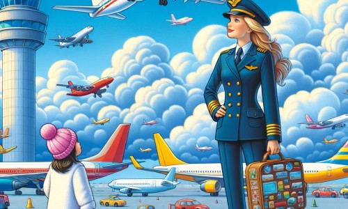 Une illustration pour enfants représentant une femme en uniforme de pilote d'avion, qui fait découvrir le monde des avions à sa nièce lors d'une visite à l'aéroport.