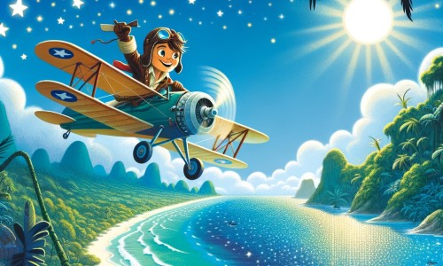 Une illustration destinée aux enfants représentant un jeune pilote intrépide, accompagné de son fidèle copilote, survolant majestueusement une mer scintillante bordée de plages de sable blanc et d'une jungle luxuriante, à la recherche d'aventures dans le ciel bleu azur.