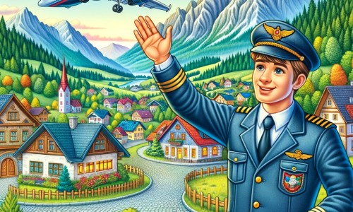 Une illustration pour enfants représentant un homme passionné d'avions, réalisant son rêve de devenir pilote, dans une petite ville nichée au cœur des montagnes.