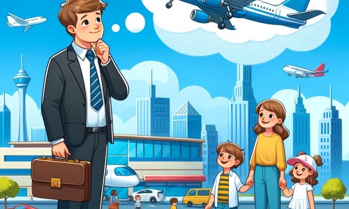 Une illustration destinée aux enfants représentant un homme passionné par les avions, rêvant de devenir pilote, accompagné de sa famille, dans un aéroport animé avec des avions décollant et atterrissant sous un ciel bleu éclatant.