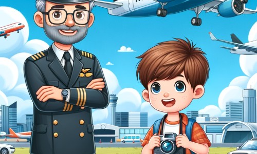 Une illustration destinée aux enfants représentant un jeune homme passionné d'aviation, accompagné d'un pilote d'avion expérimenté, dans un aéroport animé avec des avions décollant et atterrissant, sous un ciel bleu parsemé de nuages blancs.