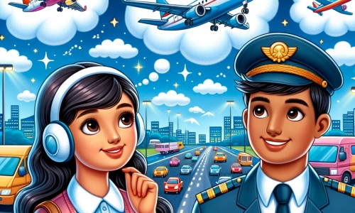 Une illustration pour enfants représentant une femme passionnée d'aviation qui rêve de voler dans le ciel, découvre la cabine de pilotage d'un avion de ligne et commence sa formation pour devenir pilote, dans un aéroport.