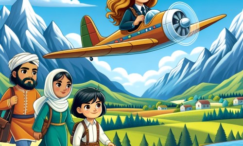 Une illustration destinée aux enfants représentant une pilote d'avion intrépide, accompagnée de deux enfants curieux, survolant les montagnes majestueuses et les champs verdoyants lors d'une journée ensoleillée.