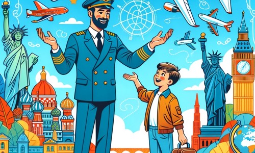 Une illustration pour enfants représentant un jeune garçon passionné d'avions qui découvre un aéroport près de chez lui, où il rêve de voler dans le ciel.