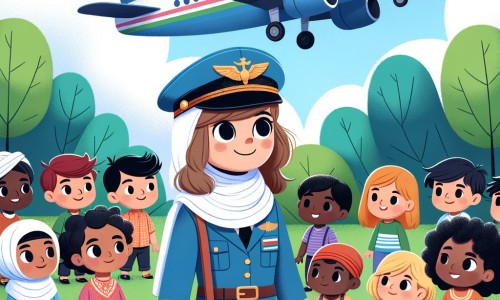 Une illustration destinée aux enfants représentant un pilote d'avion courageux, entouré d'enfants curieux, dans un jardin verdoyant avec un avion multicolore volant au-dessus de leur tête.