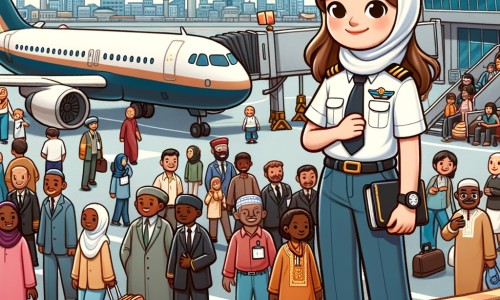 Une illustration pour enfants représentant une jeune femme passionnée par les avions, réalisant son rêve de devenir pilote, dans un aéroport animé.