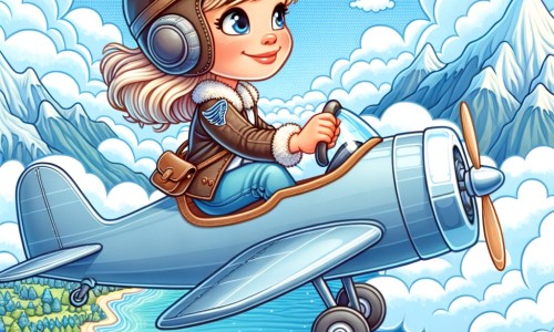 Une illustration pour enfants représentant une femme pilote d'avion, qui fait découvrir le métier à une petite fille passionnée, lors d'un vol au-dessus de la mer.