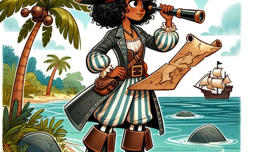 Une illustration pour enfants représentant une pirate audacieuse à la recherche d'un trésor mystérieux sur une île lointaine.