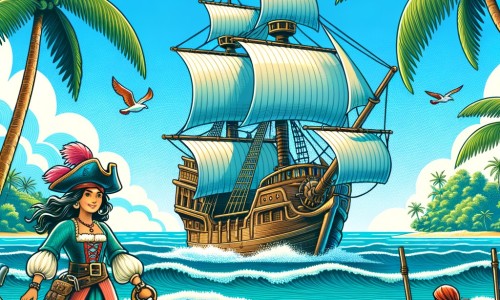 Une illustration pour enfants représentant une pirate audacieuse, à la recherche d'un trésor légendaire, sur une île mystérieuse en bord de mer.
