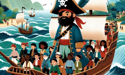 Une illustration destinée aux enfants représentant un vaillant pirate, arborant une barbe hirsute et un chapeau à plumes, se tenant sur le pont d'un majestueux navire en bois, entouré de son équipage de pirates, naviguant sur une mer scintillante parsemée d'îles verdoyantes et de vagues tumultueuses, à la recherche d'un trésor légendaire.