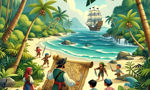 Une illustration pour enfants représentant un homme courageux naviguant sur les mers à la recherche d'un trésor légendaire, sur une île magnifique avec des palmiers, des plages de sable blanc et une eau cristalline.
