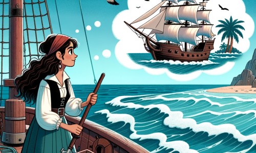Une illustration pour enfants représentant une femme courageuse, rêvant de devenir pirate, se lançant à l'aventure en mer à la recherche d'un trésor, sur une île mystérieuse.