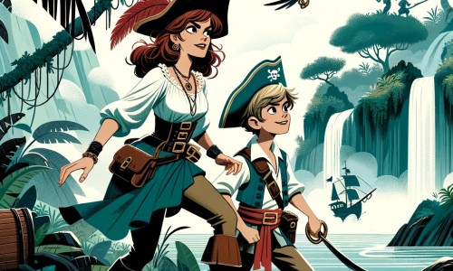 Une illustration destinée aux enfants représentant une intrépide femme pirate, accompagnée d'un jeune mousse malin et courageux, explorant une île mystérieuse et luxuriante avec une jungle dense et une cascade majestueuse en arrière-plan.