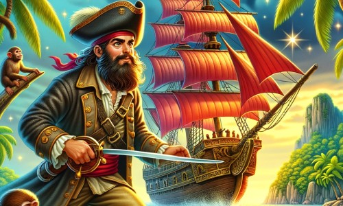 Une illustration pour enfants représentant un homme courageux, rêvant de devenir pirate, se tenant sur une falaise et observant un navire pirate s'approchant des côtes dans un petit village côtier.