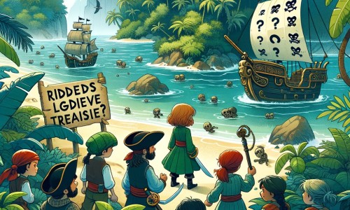 Une illustration destinée aux enfants représentant une femme pirate courageuse et audacieuse, accompagnée de son équipage, découvrant une île mystérieuse recouverte d'une dense végétation tropicale, où se cachent des énigmes et des trésors légendaires.