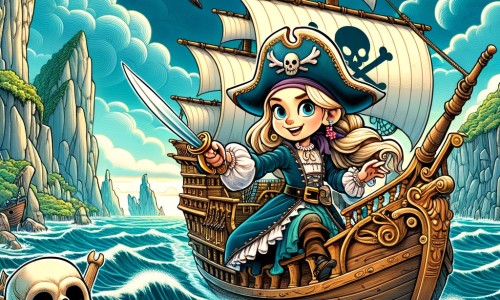Une illustration pour enfants représentant une pirate intrépide, voguant sur les flots tumultueux de l'océan à la recherche d'un trésor légendaire, sur l'île mystérieuse du Crâne.
