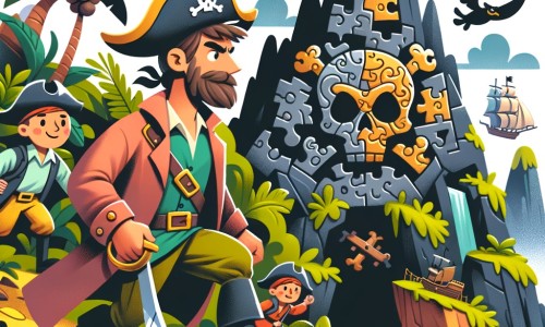 Une illustration pour enfants représentant un homme courageux et aventurier, à la recherche d'un trésor légendaire, sur une île mystérieuse au milieu de l'océan.