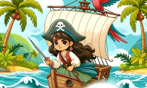 Une illustration pour enfants représentant une pirate intrépide, en quête d'un trésor fabuleux, sur une île mystérieuse.