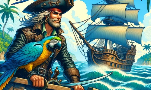 Une illustration pour enfants représentant un homme courageux naviguant sur les mers agitées à la recherche d'un trésor caché sur une île mystérieuse.