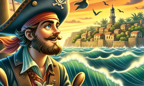 Une illustration pour enfants représentant un homme intrépide et rêveur, embarqué dans une aventure palpitante en tant que pirate, voguant sur les mers tumultueuses d'un village côtier.