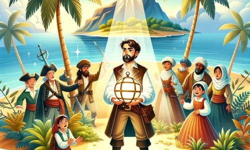 Une illustration destinée aux enfants représentant un homme courageux et intrépide, entouré de son équipage, à la recherche d'un trésor légendaire sur une île mystérieuse entourée de palmiers majestueux, de sables dorés et d'une mer scintillante.