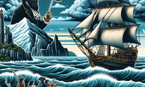 Une illustration pour enfants représentant un homme courageux, naviguant sur la Mer Noire à la recherche d'un trésor légendaire, sur une île mystérieuse.
